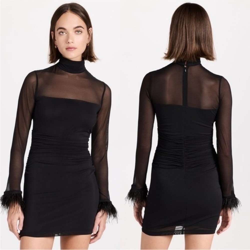 Amanda Uprichard Vixen Mesh Ostrich Feather Cuff Black Mini Dress XS